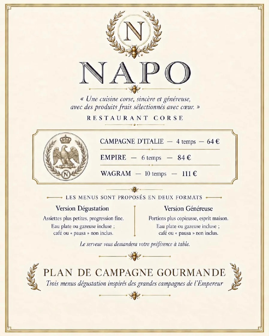 NAPO — Menus dégustation · formats et prix, page 2 de la carte