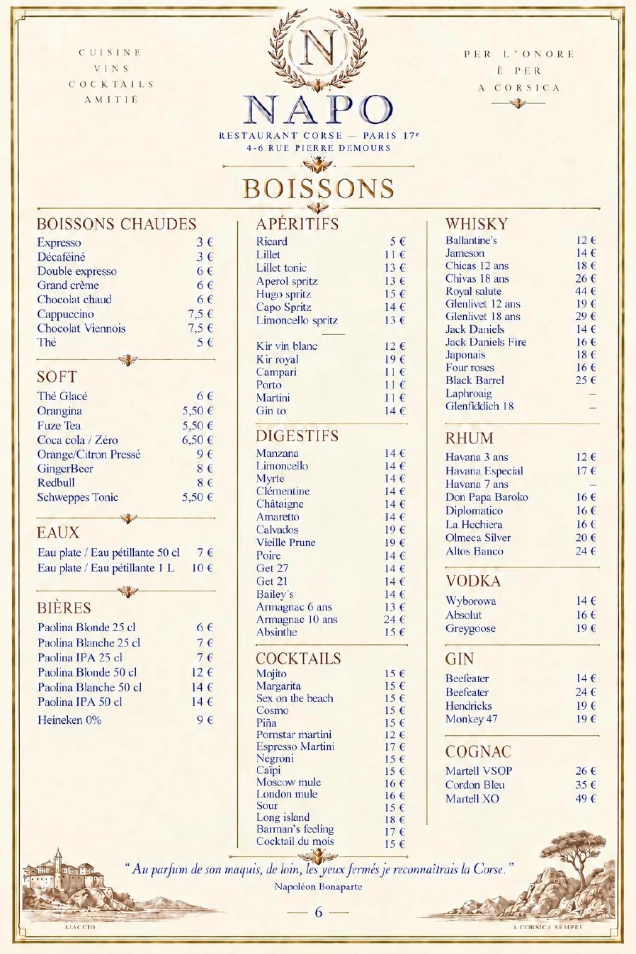 NAPO — Boissons · cafés, softs, cocktails et spiritueux, page 12 de la carte